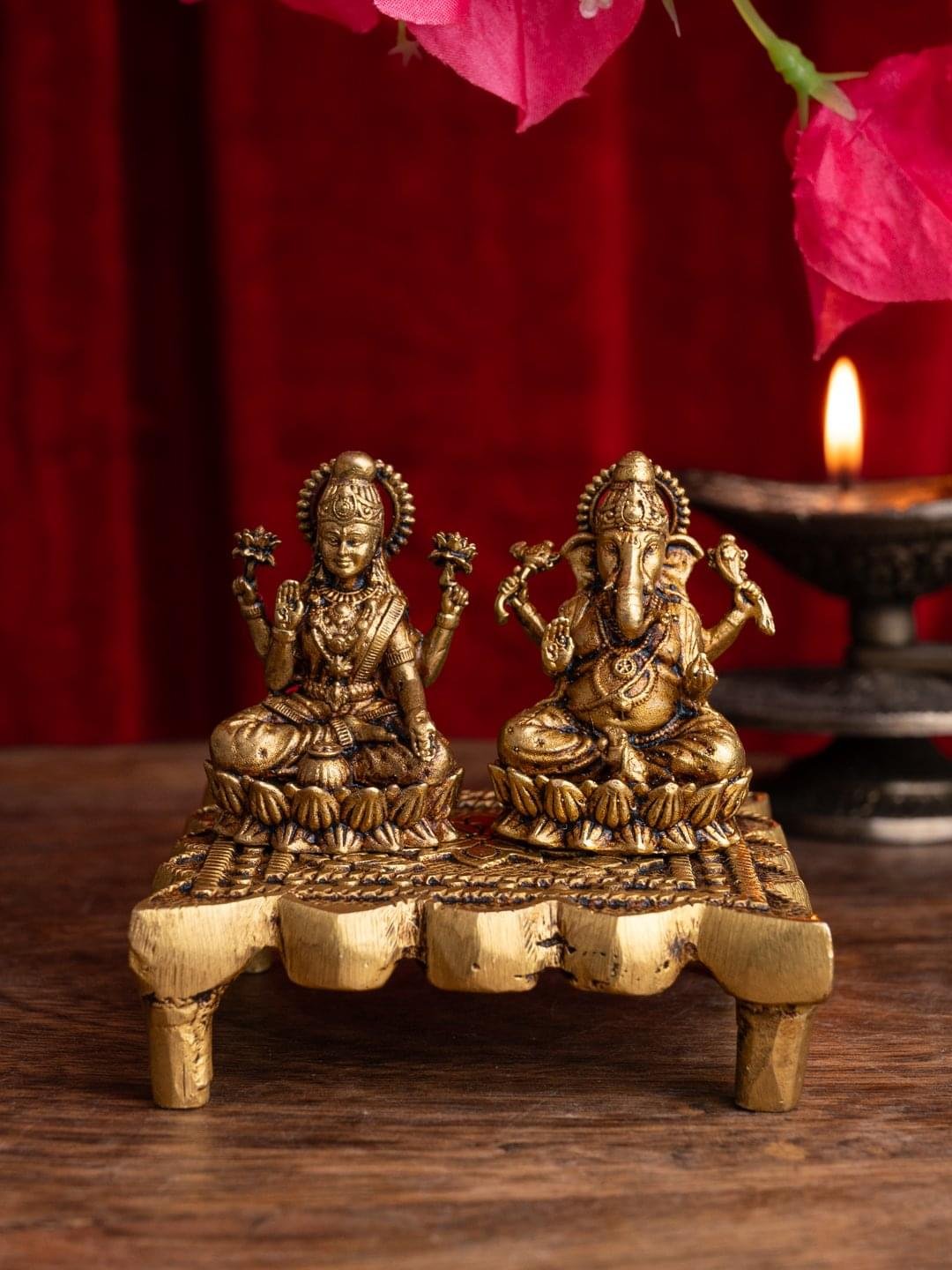 Brass Ganesh Lakshmi Idol Set with Decorative Chauki | Traditional Pooja Figurines for Home Temple & Office Décor - Image 1